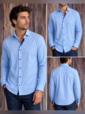 Maceoo Einstein 4-Way Stretch Dress Shirt Men’s Size 4/L Blue Geometric Print